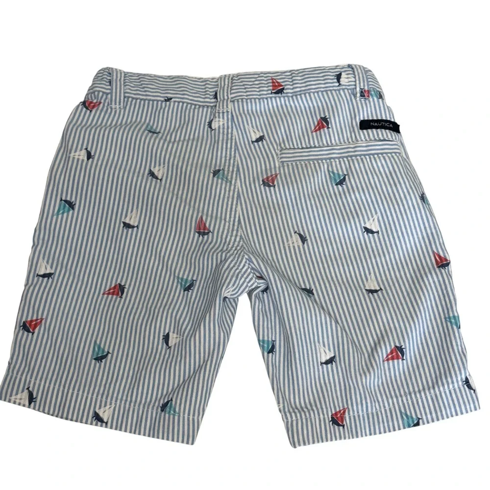 Nautica Boys 3T Blue White Striped Sailboat Print Chino Shorts Adjustable Waist